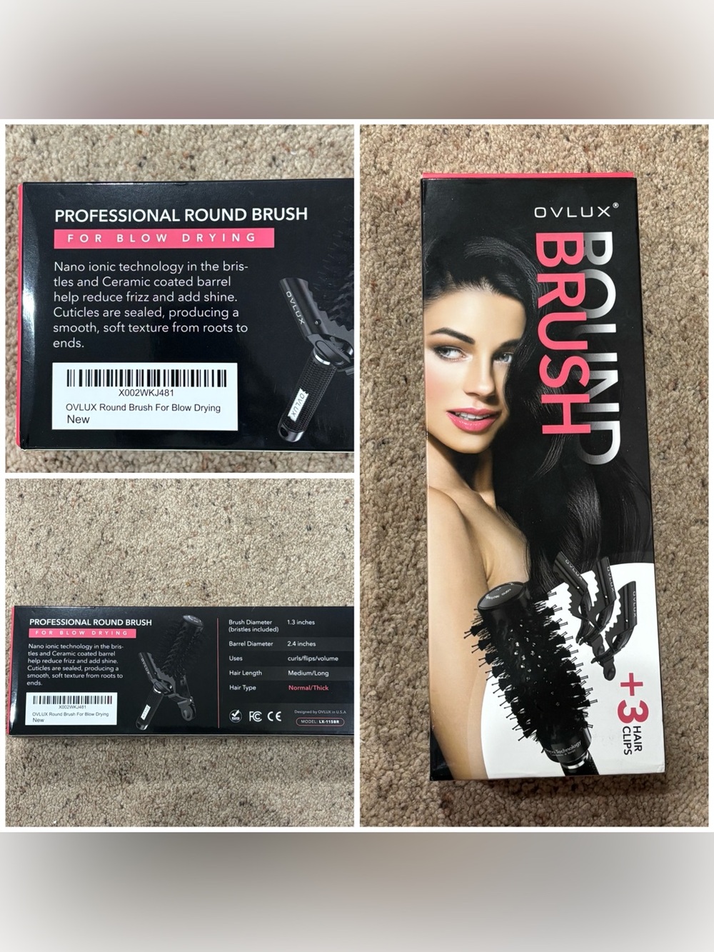 Ovlux Pro Round Blush For Blow Drying Ionic Ceramic +3 Hair clips - NIB